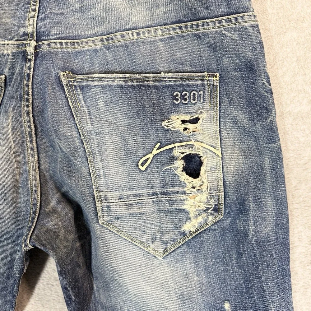 G-Star Raw 3301 Morris Tapered Mens Jeans 32x32 Distressed Thrash Aged Italy - Picture 6 of 10